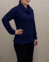 Blusa de Tricot Azul Marinho com Gola Boba e Manga Longa Raglan