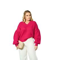 Blusa de Tricot Feminina decote V com manga Balonê drapeada TR1431