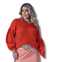 Blusa de Tricot Feminina decote V com manga Balonê drapeada TR1431