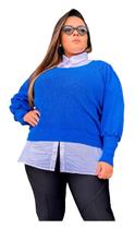 Blusa de Tricot Plus Size Manga Bufante Frio Gola V Modal