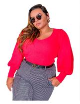 Blusa de Tricot Plus Size Manga Bufante Frio Gola V Modal