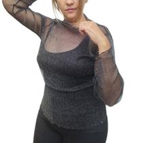Blusa de Tule Manga Longa com Brilho - Tamanho Único