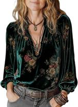 Blusa de veludo com estampa de veludo com decote em V, manga lanterna, verde