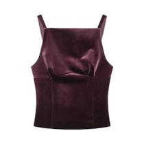 Blusa De Veludo Feminina Com Alças Finas E Laço Nas Costas, Ajuste Slim, Zíper Lateral, Top Elegante