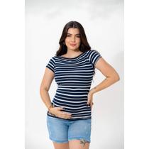 Blusa decote canoa listrada azul