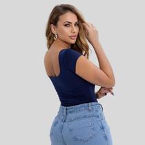 Blusa Decote Costa Nua Baby Tee Liso Suplex Manga Curta Feminina