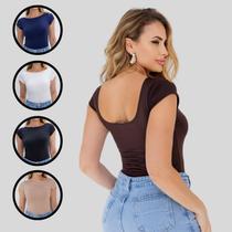 Blusa Decote Costa Nua Baby Tee Liso Suplex Manga Curta Feminina
