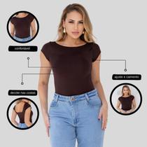 Blusa Decote Costa Nua Baby Tee Liso Suplex Manga Curta Feminina