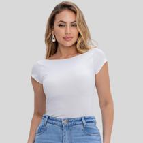 Blusa Decote Costa Nua Baby Tee Liso Suplex Manga Curta Feminina