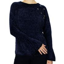 Blusa Decote Redonda Feminina Tricot Chenille Ilhoses Frio