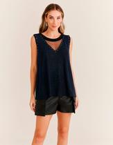 Blusa Decote v Brilhos - Azul Marinho