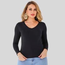 Blusa decote V Manga Longa Segunda Pele Preta