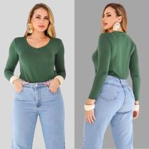 Blusa decote V Manga Longa Segunda Pele Verde