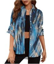 Blusa Deer Lady feminina com botões, tinta azul, tamanho L