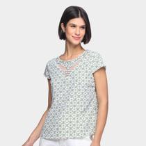 Blusa Dom Fashion Decote Recorte Tule Estampada Feminina