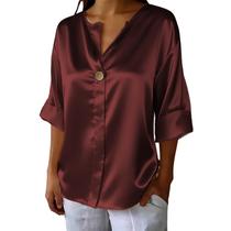Blusa Domirica Casual Comfy Solid Burgundy Satin para mulheres Blusa Domirica Casual Comfy Solid Burgundy Satin para mulheres