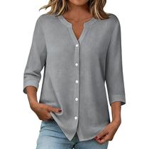 Blusa domirica Notch com decote em V com botões para mulheres cinza