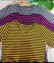 Blusa elastano feminino gola v de manga curta tamanho m listrada disponível 3 cores