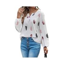 Blusa Elegante De Chiffon Com Padrão De Penas E Manga Longa Para Mulheres, Top Estiloso, Roupas
