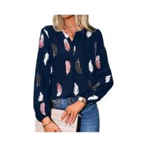 Blusa Elegante De Chiffon Com Padrão De Penas E Manga Longa Para Mulheres, Top Estiloso, Roupas