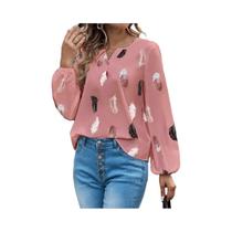 Blusa Elegante De Chiffon Com Padrão De Penas E Manga Longa Para Mulheres, Top Estiloso, Roupas