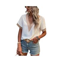 Blusa Elegante De Chiffon Feminina De Verão Com Manga Curta Decote Em V Camisa De Renda Com Detalhes