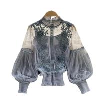 Blusa Elegante De Renda Com Manga Longa Para Mulheres, Transparente, Com Detalhes Em Flor E Gola Blusa Elegante De Renda Com Manga Longa Para Mulheres, Transparente, Com Detalhes Em Flor E Gola