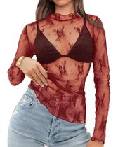Blusa elegante em camadas de renda transparente OFEEFAN vermelha para mulheres Blusa elegante em camadas de renda transparente OFEEFAN vermelha para mulheres