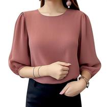 Blusa Elegante Feminina Com Manga Bufante 34 Manga O Pescoço Textura Amassada Cor Sólida Túnica Top