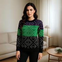 Blusa Elegante Feminina em Tricot Geométrico Manga Longa Casual