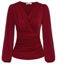 Blusa elegante GRACE KARIN Wine Red Wrap, decote em V, manga comprida M