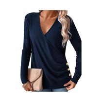 Blusa Elegante plus Size Com Decote Em V E Botões, Malha Waffle, Manga Longa, Confortável Para