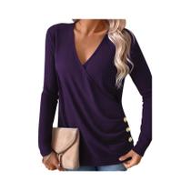 Blusa Elegante plus Size Com Decote Em V E Botões, Malha Waffle, Manga Longa, Confortável Para