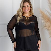 Blusa em Tule Transparente Manga Longa Plus Size