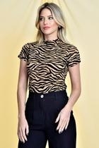 Blusa em tule zebra manga curta marrom