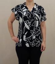 Blusa Estampada Preta e Branca de Viscose com Decote em V e Echarpe