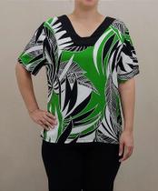 Blusa Estampada Verde de Viscose com Manga Curta e Decote V