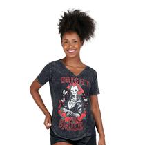 Blusa estonada decote v estampa bright smile