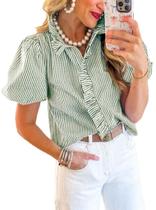 Blusa ETCYY de manga bufante listrada com babado para mulheres verde GG
