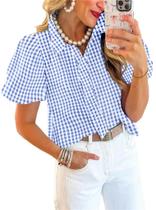 Blusa ETCYY de manga bufante listrada com babados xadrez azul marinho para mulheres Blusa ETCYY de manga bufante listrada com babados xadrez azul marinho para mulheres