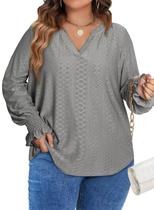 Blusa Eytino Plus Size Split com decote em V, manga comprida, cinza