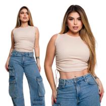 Blusa Feminina 2 Em 1 Regata Crooped T-shirt Cordão Lateral