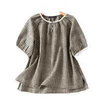 Blusa Feminina 3XL Xadrez Com Acabamento Em Renda, Gola Redonda, Manga Bufante, Fenda Lateral, Roupa