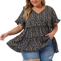 Blusa feminina Agnes Orinda plus size com estampa floral e babados com decote em V Blusa feminina Agnes Orinda plus size com estampa floral e babados com decote em V
