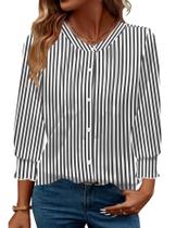 Blusa feminina AKEWEI de chiffon com botões, manga 3/4, preta e branca