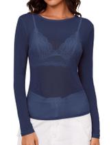 Blusa feminina AKEWEI de malha transparente de manga comprida azul marinho tamanho M