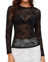 Blusa feminina AKEWEI de malha transparente de manga comprida preta tamanho M