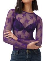 Blusa feminina AKEWEI de manga comprida de malha transparente roxa XL