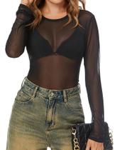 Blusa feminina AKEWEI, manga comprida, malha floral, renda preta, XL Blusa feminina AKEWEI, manga comprida, malha floral, renda preta, XL