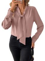 Blusa feminina Astylish, casual, manga comprida, gravata borboleta, gola, rosa